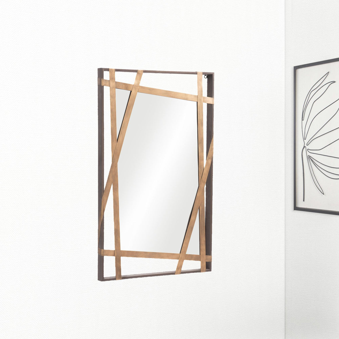 32 inch Gold and Black Accent Rectangular Steel Wall Mirror Installed on Wall