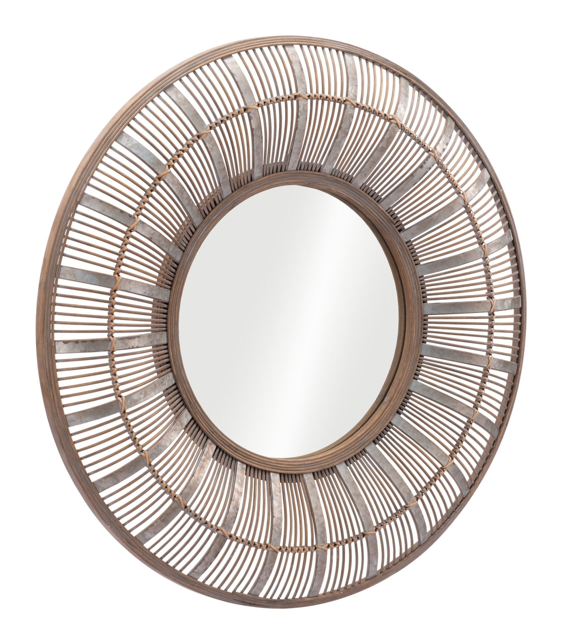 Angled View 32 inch Brown Rattan Round Accent Wall Mirror