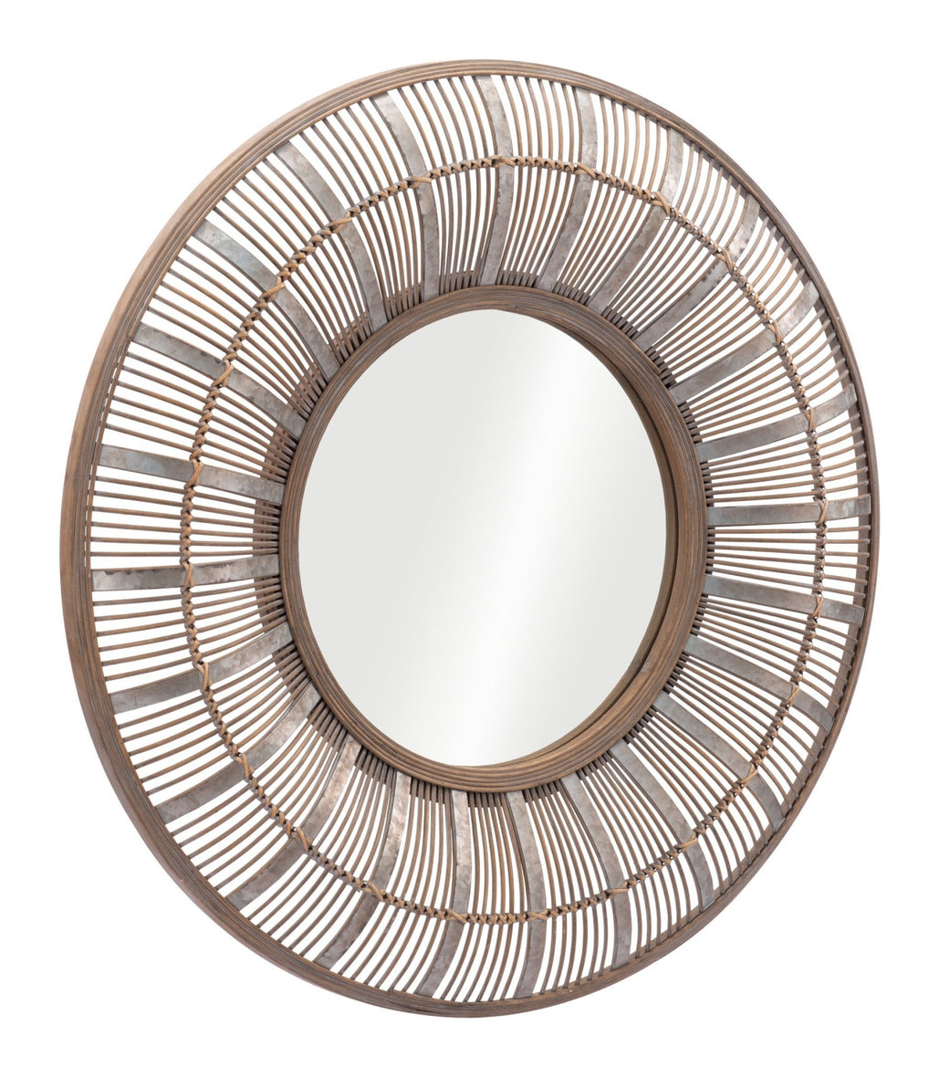 Angled View 32 inch Brown Rattan Round Accent Wall Mirror