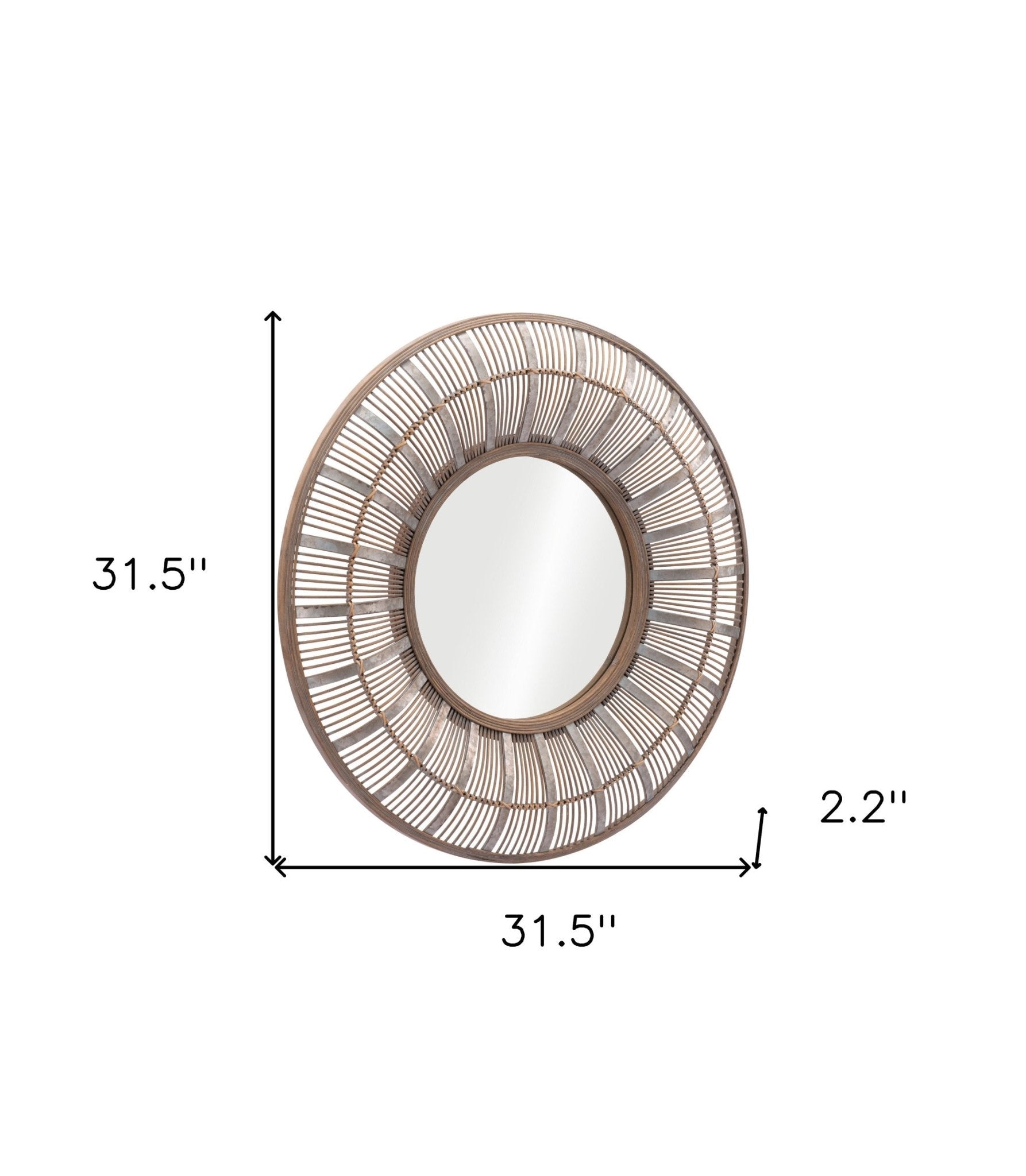 32 inch Brown Rattan Round Accent Wall Mirror with Dimensions