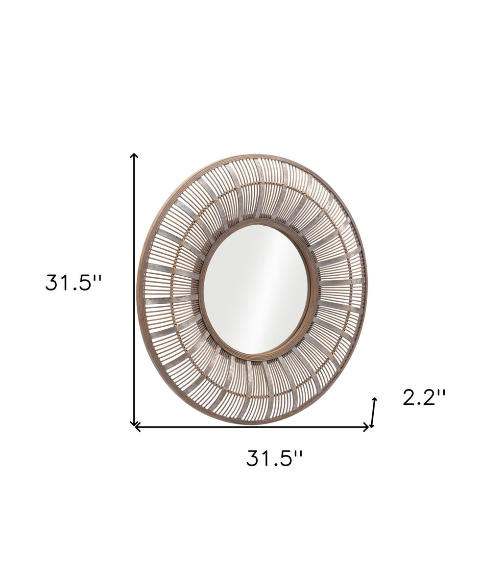 32 inch Brown Rattan Round Accent Wall Mirror with Dimensions