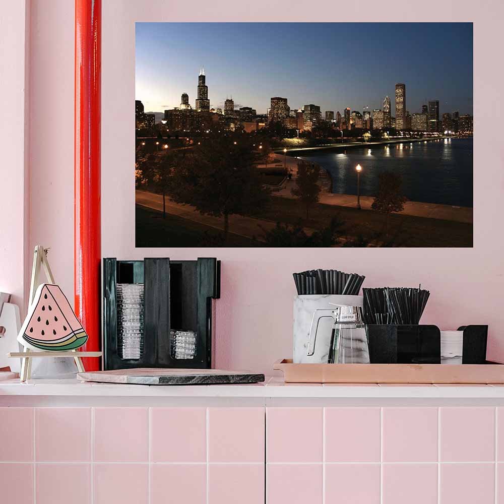 36 inch Downtown Chicago Poster Displayed Above Counter