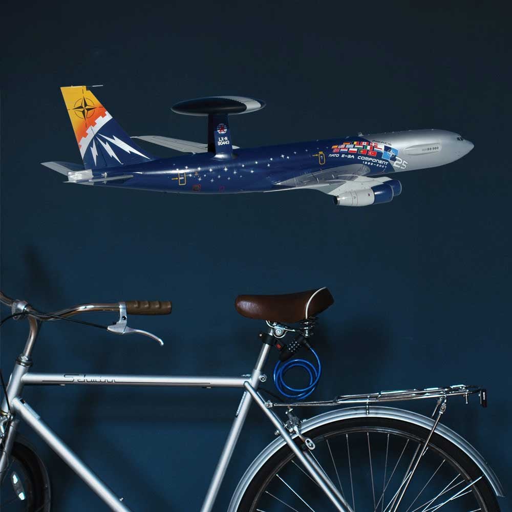 36 inch AWACS Radar Plane Wall Decal Installed in Bike Room