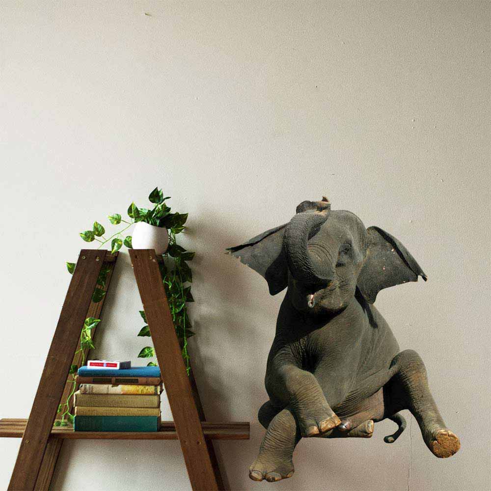 36 inch Sitting Baby Elephant Decal Installed Nest to Bookshelf