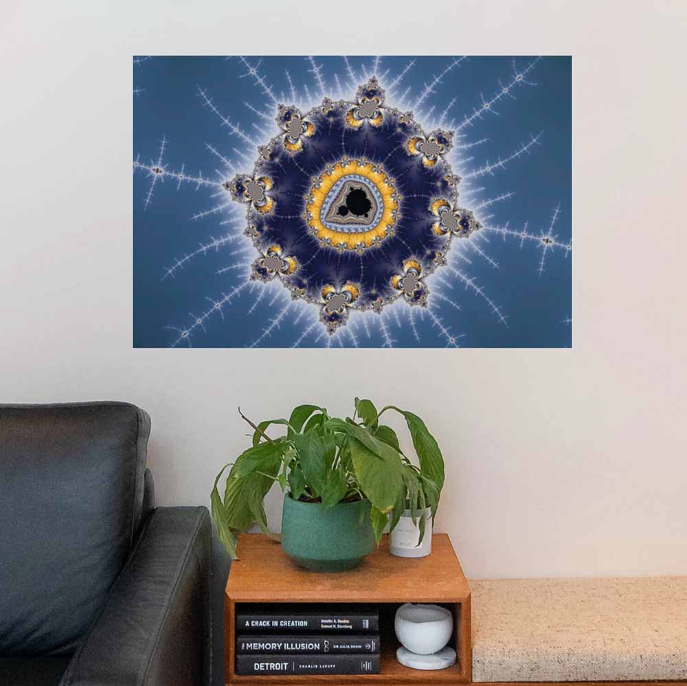 36 inch Golden Mandelbrot Art Poster Displayed Above End Table