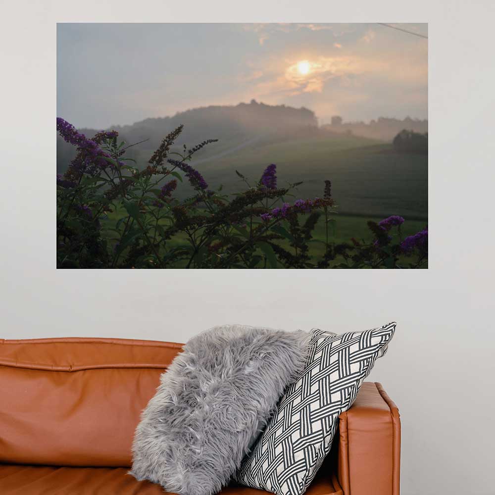 24x36 inch Sunset Heaven Poster Displayed Above Sofa