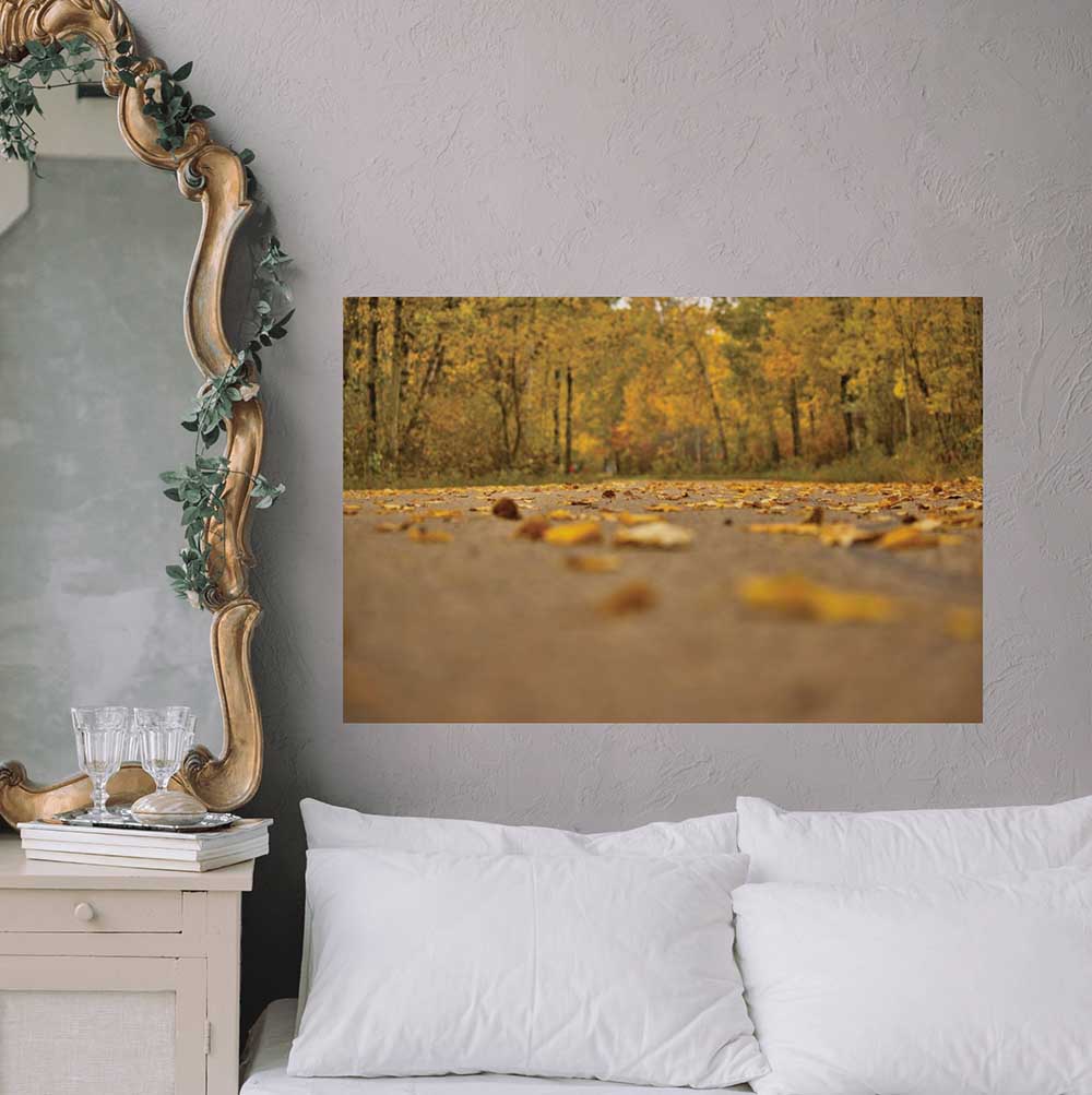 24x36 inch Autumn Road Poster Displayed Above Bed