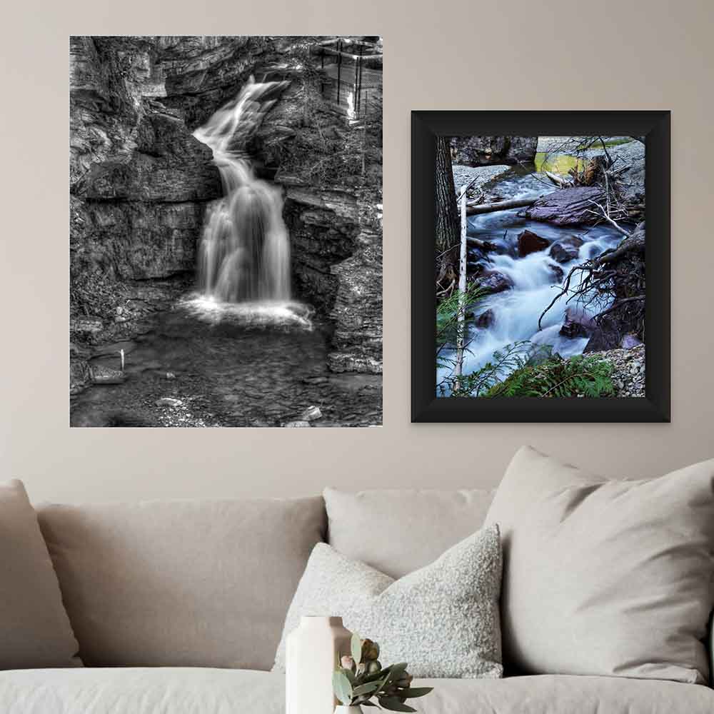 36 inch Black & White Painterly Waterfall Decal Installed Above Sofa