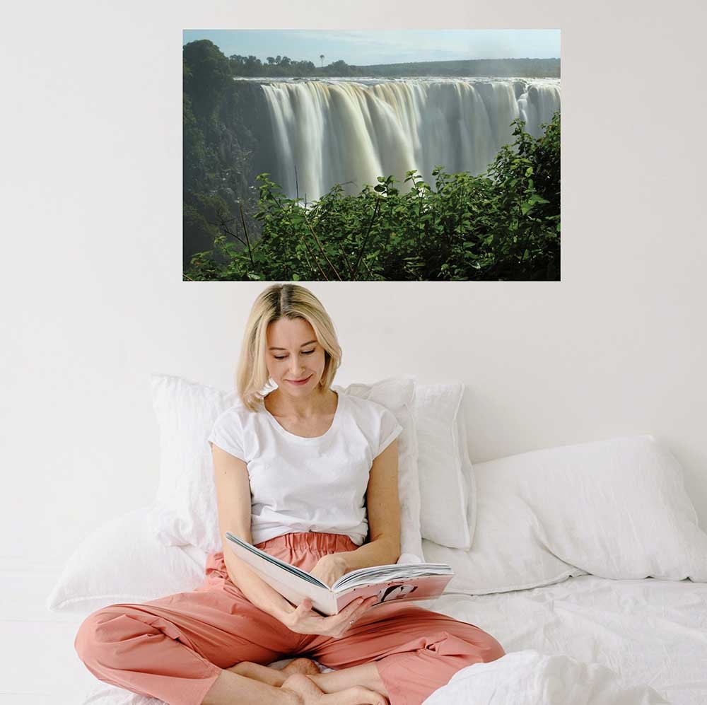 24x36 inch Victoria Falls Poster Displayed Above Bed