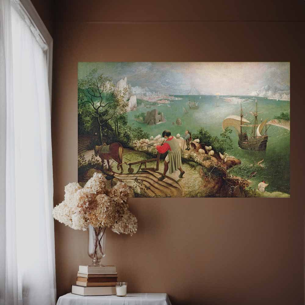 23x36 Landscape with the Fall of Icarus Poster Displayed Near Window