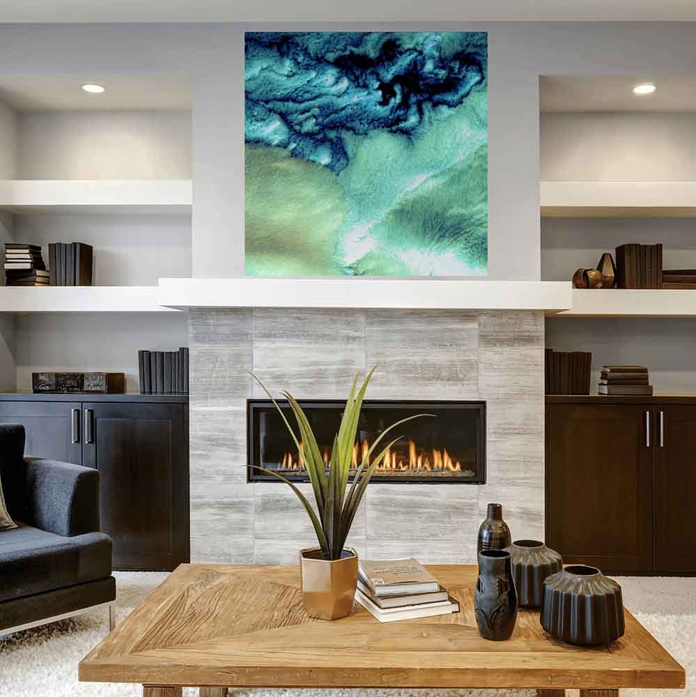 36x36 inch Aleutian Cloud Cover Satellite Image Decal Installed Above Fireplace