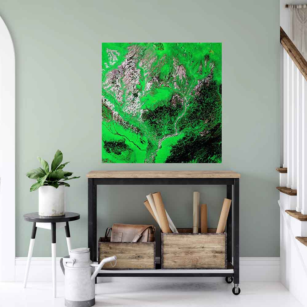 36x36 inch Araca Satellite Image Poster Displayed Above Cart