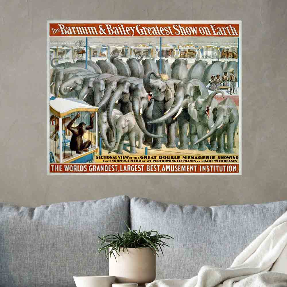 28.5x36 inch Vintage Elephant Poster Displayed Above Sofa