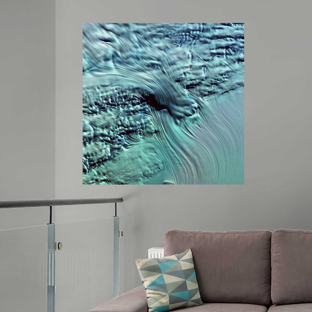 36x36 inch Icefall Satellite Poster Displayed Above Couch