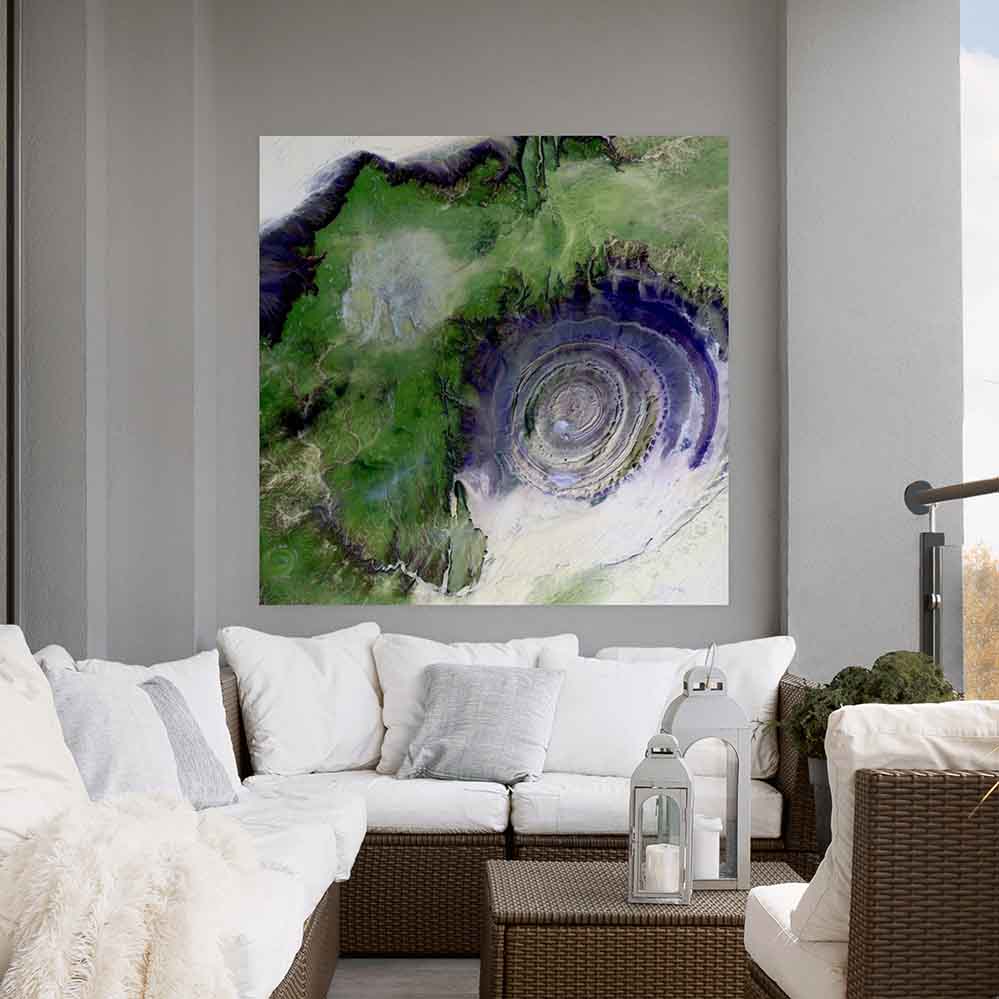 36x36 inch Richat Structure Satellite Poster Displayed Above Sectional