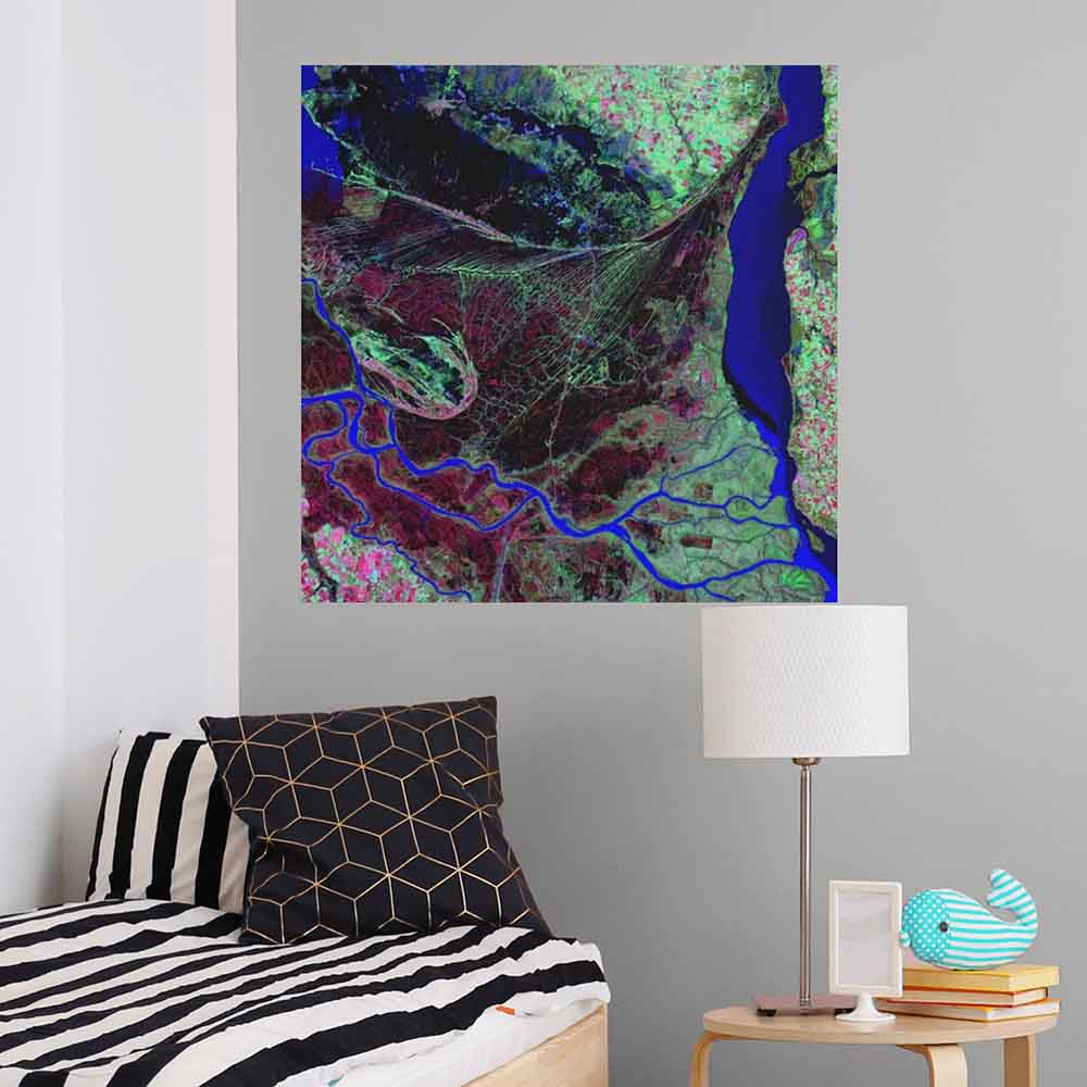 36x36 inch Parana River Delta Satellite Poster Displayed in Bedroom