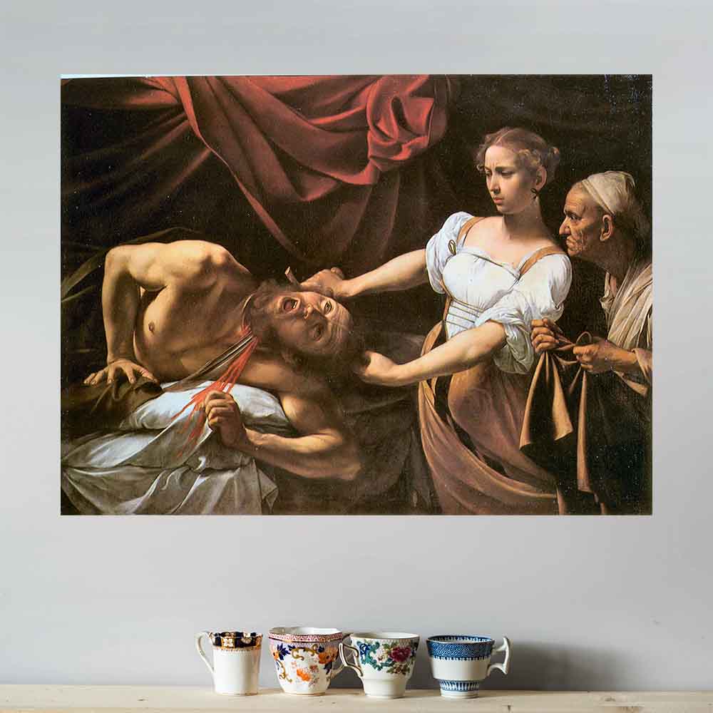 27x36 inch Judith and Holofernes Poster Displayed Above Shelf