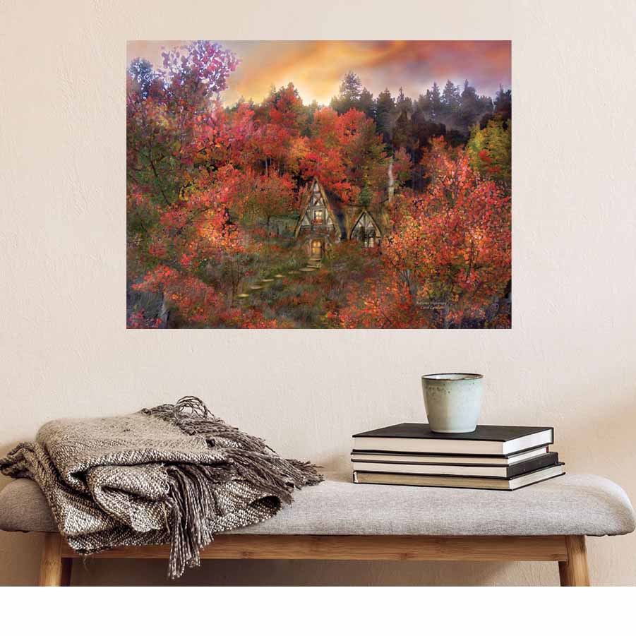 27x36 inch Autumn Hideaway Poster Displayed Above Bench