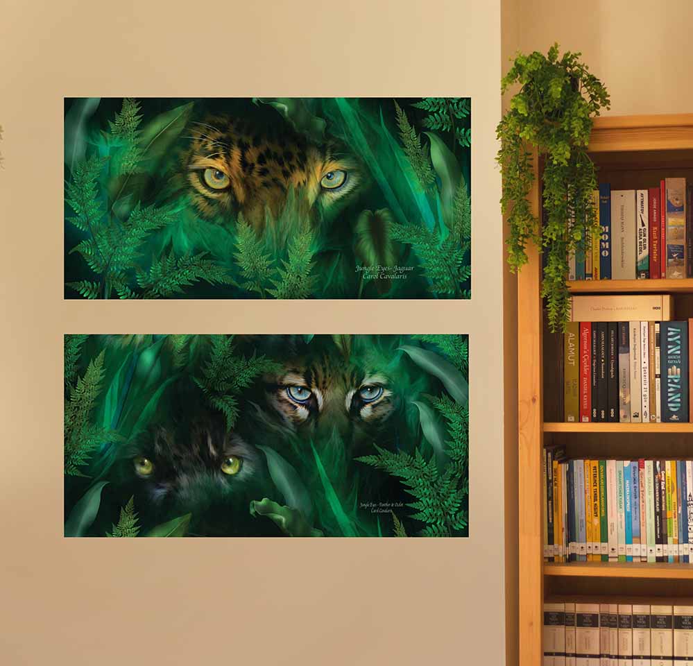 18x36 inch Jungle Eyes Jaguar Poster Displayed by Bookshelf