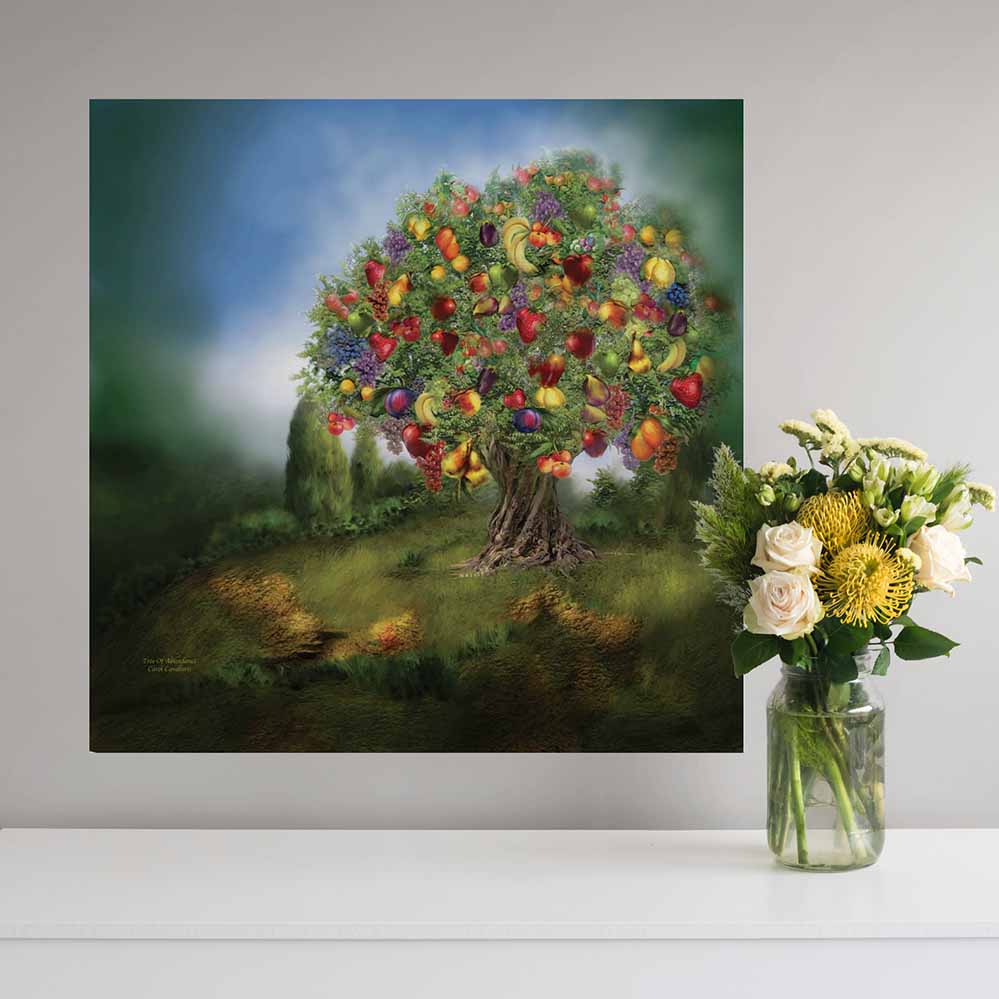 36x36 inch Tree Of Abundance Poster Displayed Above Shelf