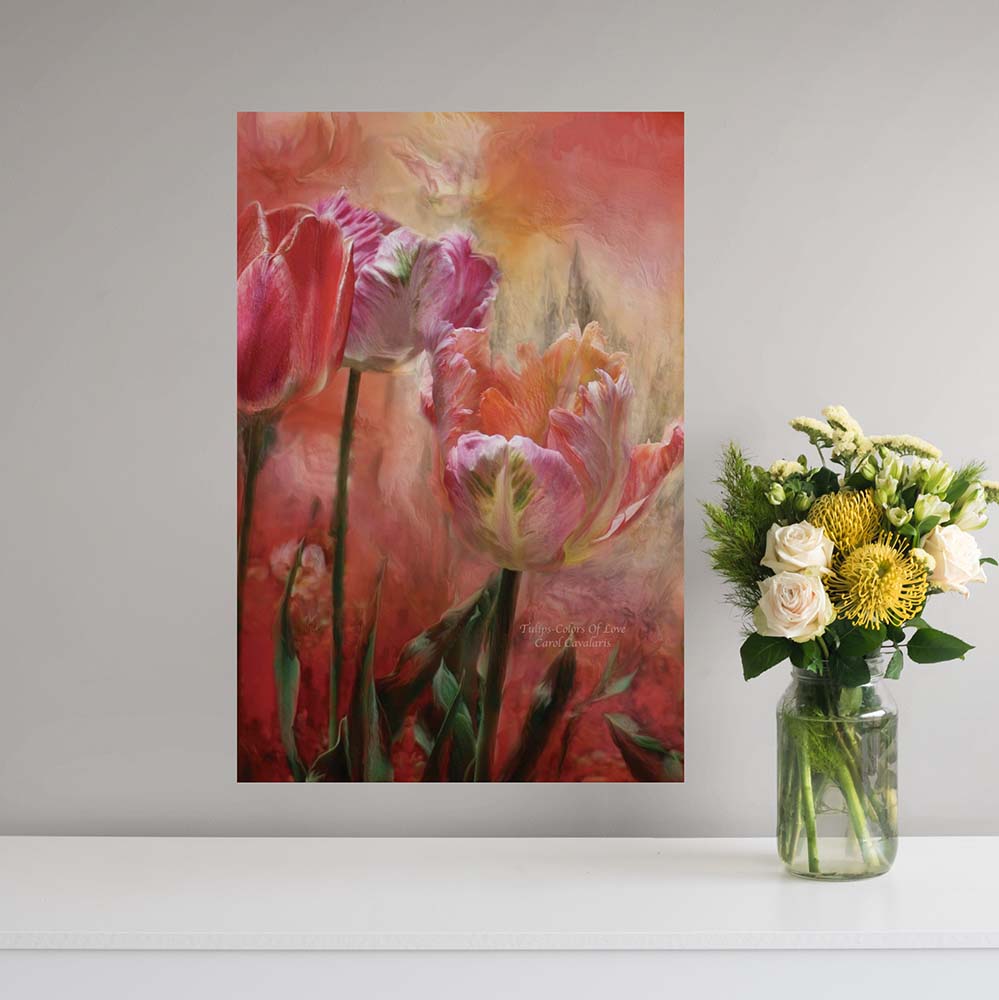 24x36 inch Tulips Colors Of Love Poster Displayed Above Shelf