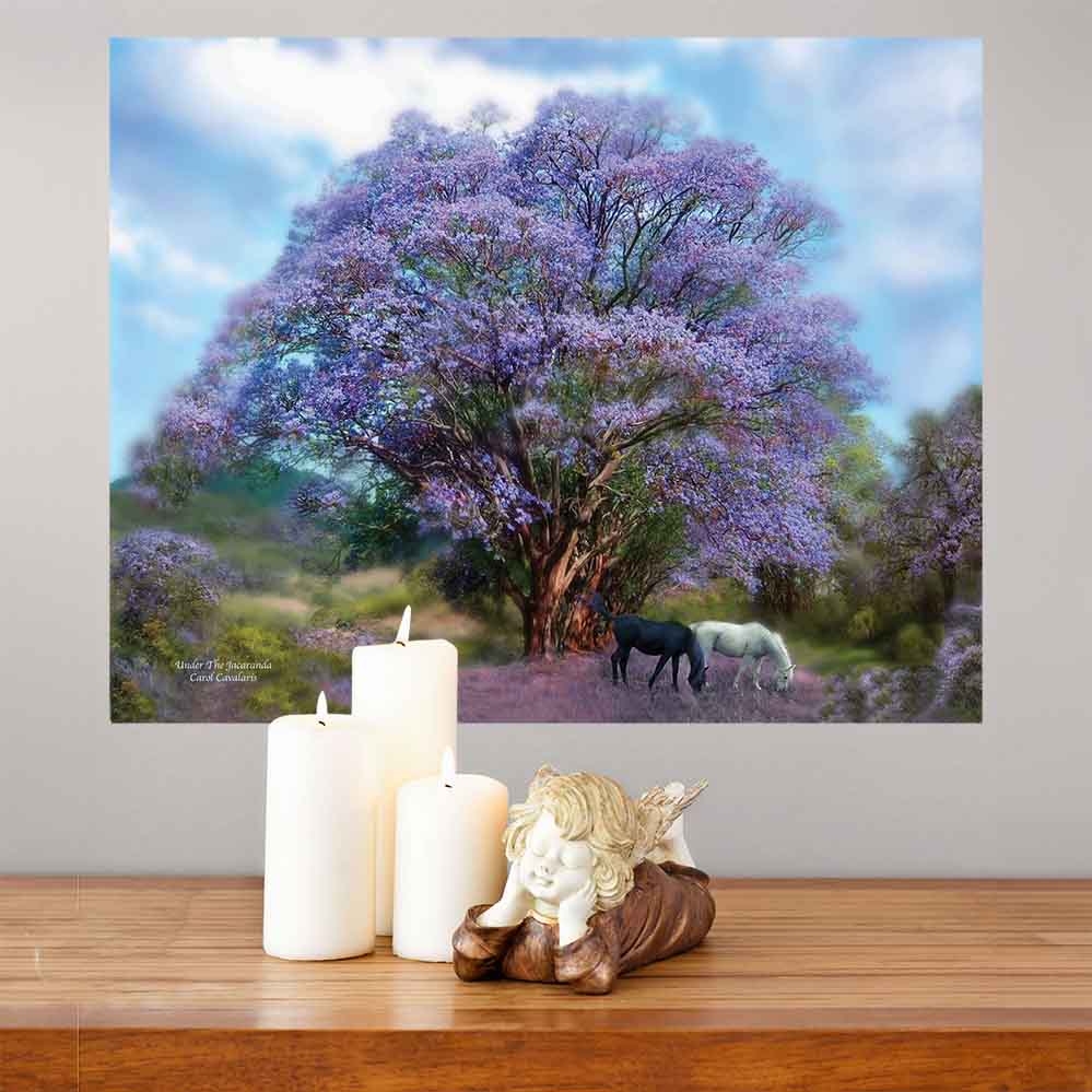 28x36 inch Under The Jacaranda Poster Displayed Above Mantle