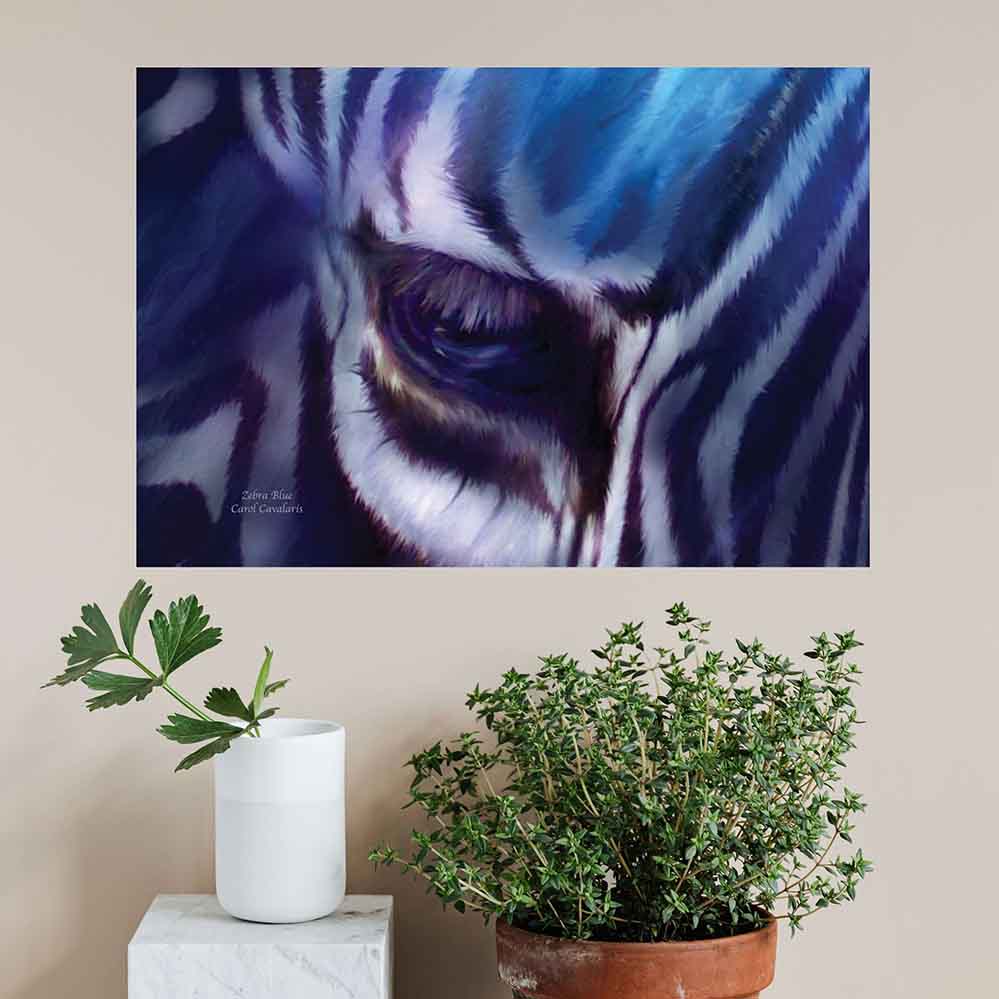 24.5x36 inch Zebra Blue Poster Displayed Above Plants