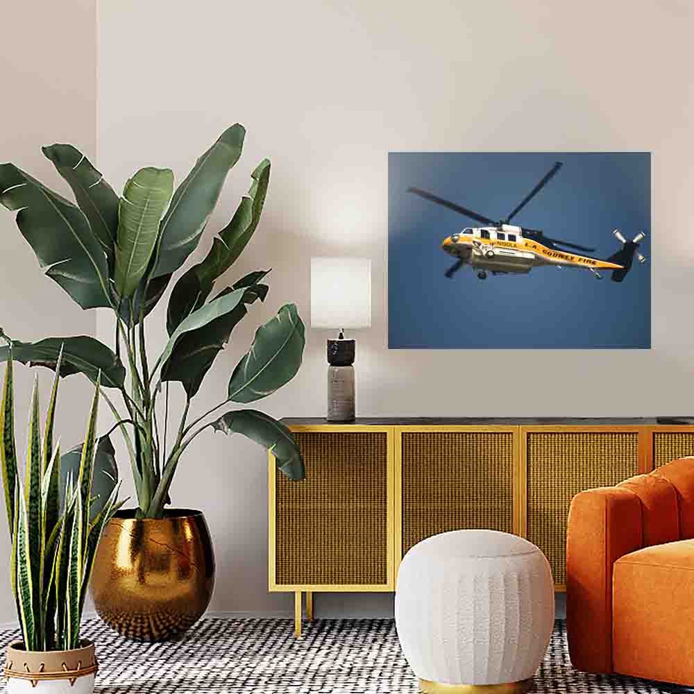 27x36 LAFD Fire Copter 19 Poster Displayed Above Console Table