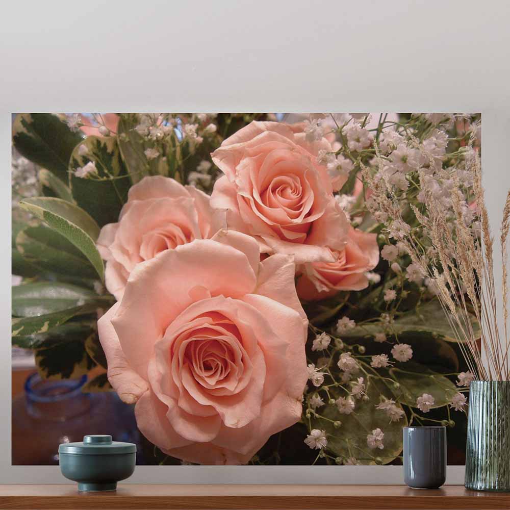 27x36 inch Peach Rose Poster Displayed Above Console Table