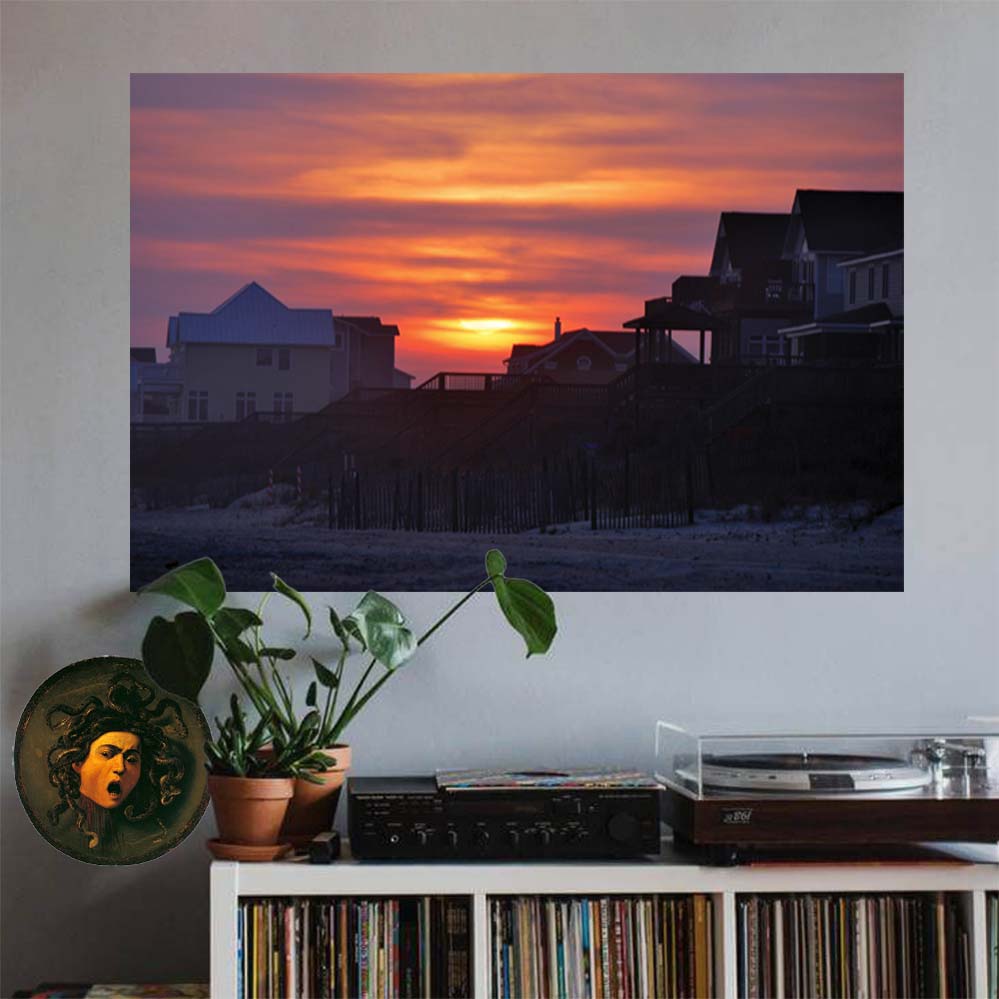 24x36 inch Sunset Poster Displayed Above Record Shelves