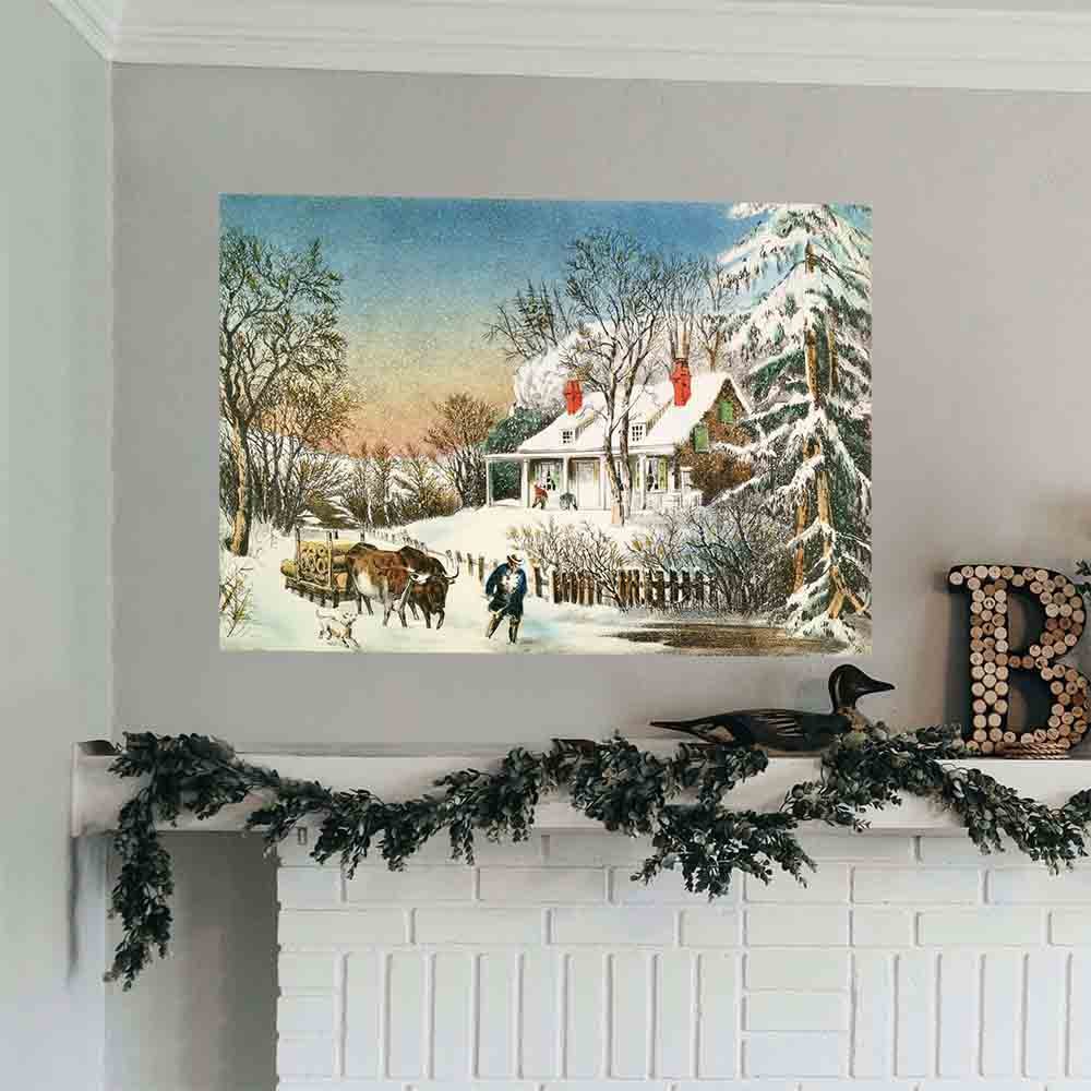 36 inch Bringing Home the Logs Decal Installed Above Mantle