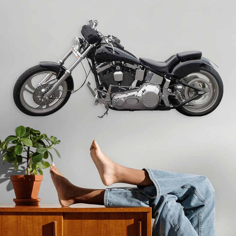 36 inch Fat Boy motorcycle decal installed above cabinet with plant