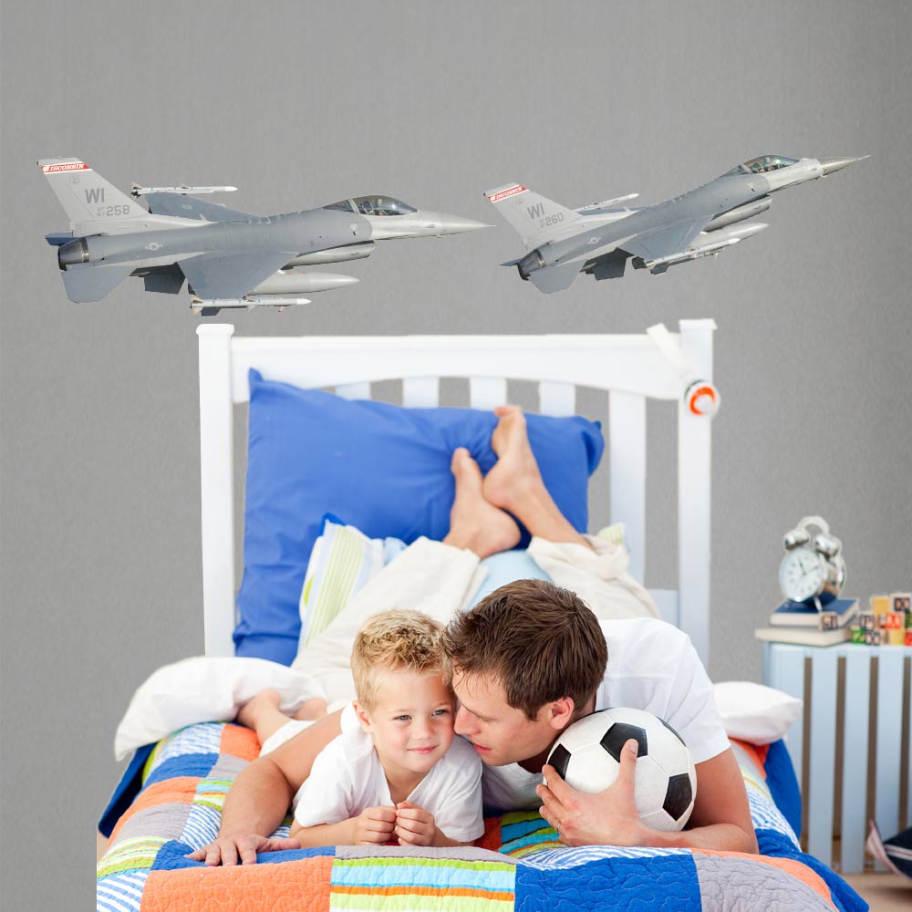 36 inch Dual F-16 Falcon Die-Cut Wall Decals Installed in Boys Room