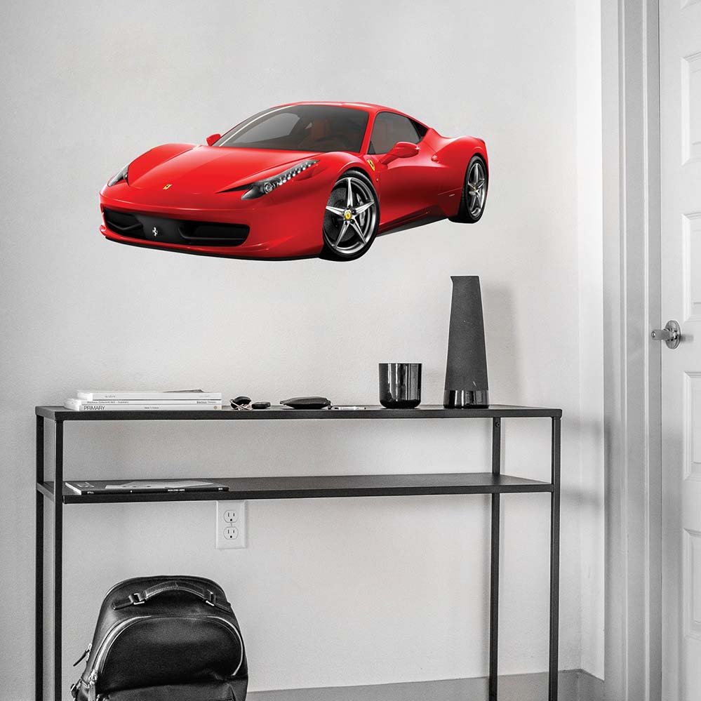 36 inch red Ferrari Italia decal installed on wall above console table