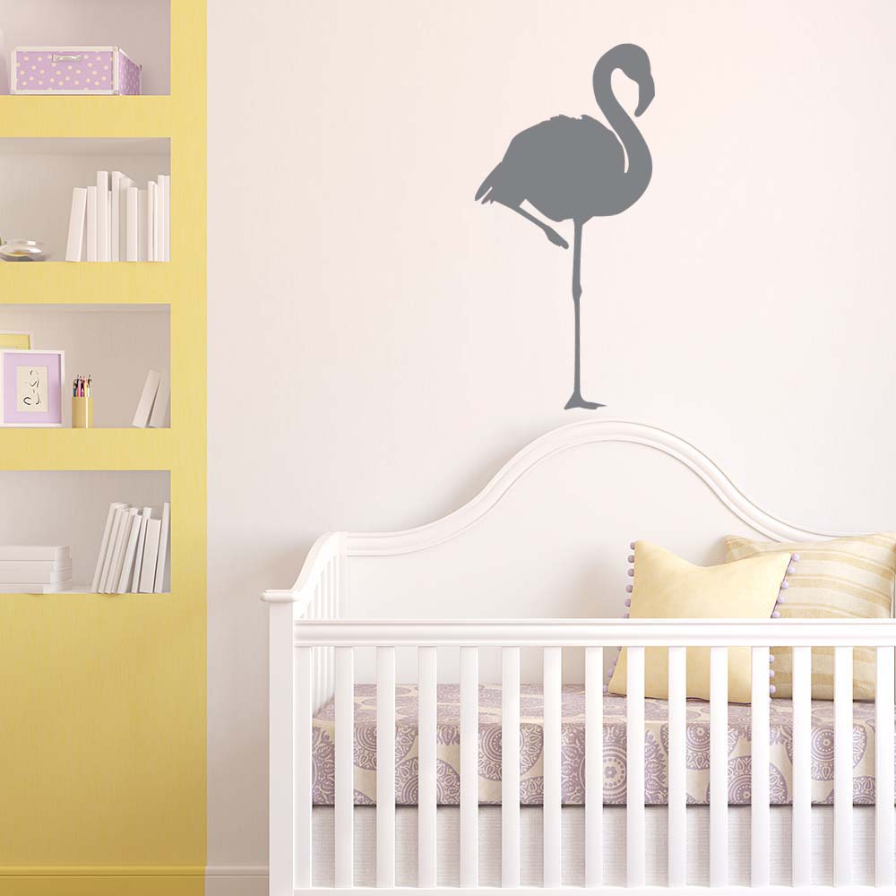 36 inch Gray Flamingo Silhouette Wall Decal Installed Above Crib