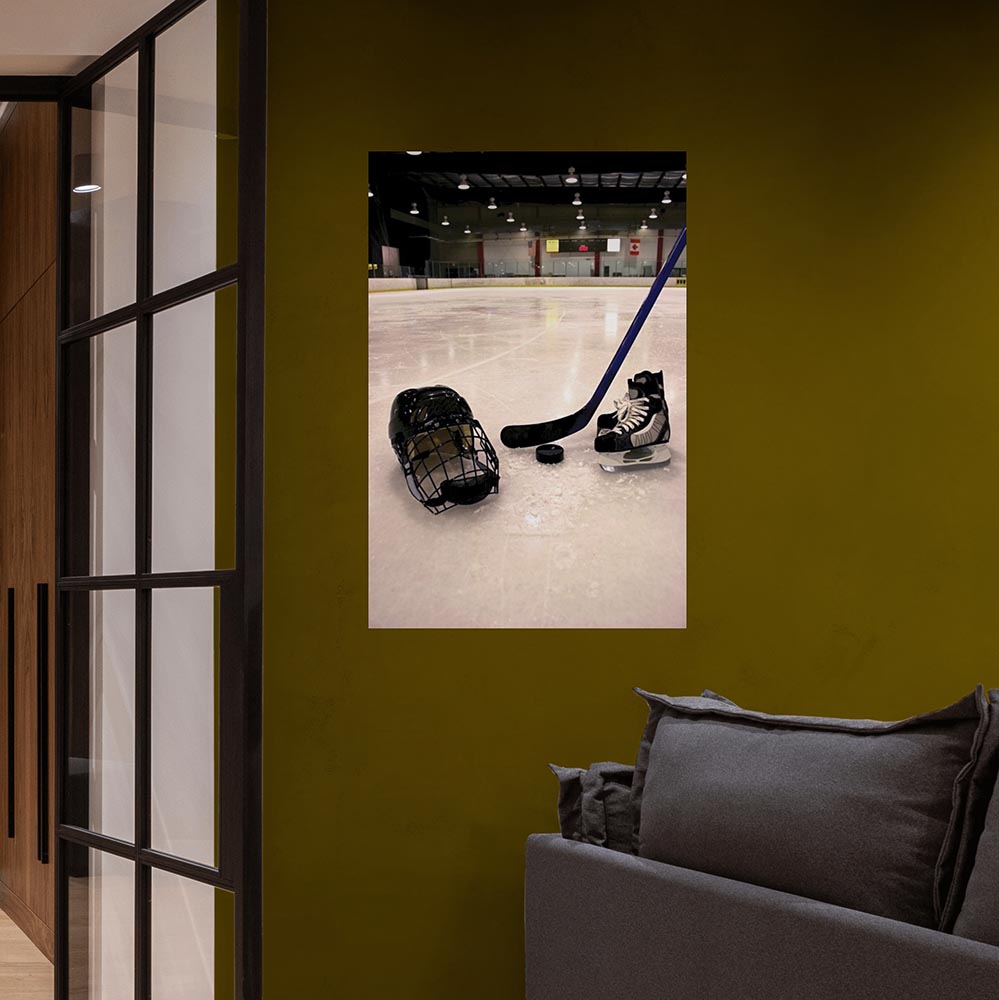 24x36 inch Hockey Equipment on Ice Poster Displayed Near Doorway