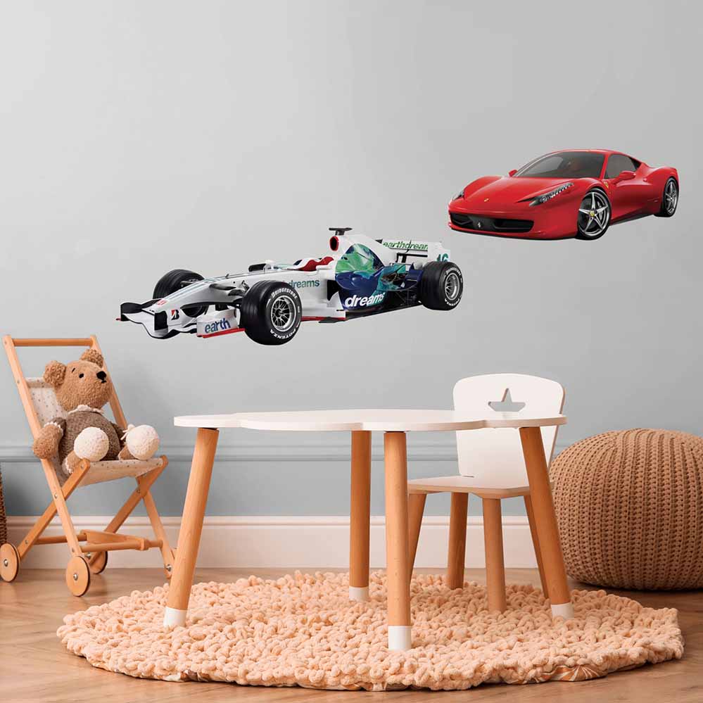 36 inch Honda Formula One die-cut wall decal installed above childs table and chair