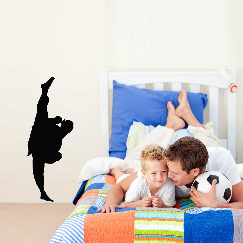 36 inch Martial Arts Extreme Side Kick Silhouette Wall Decal Installed in Boys Room