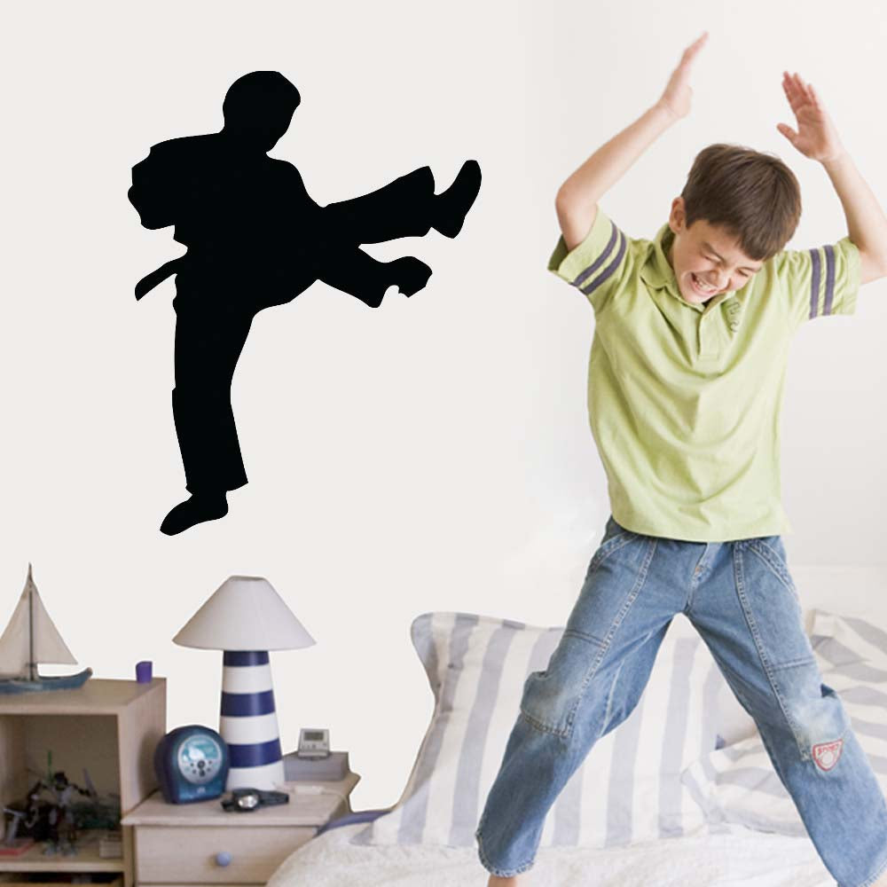 36 inch Martial Arts Kicking Silhouette Wall Decal Installed in Boys Room