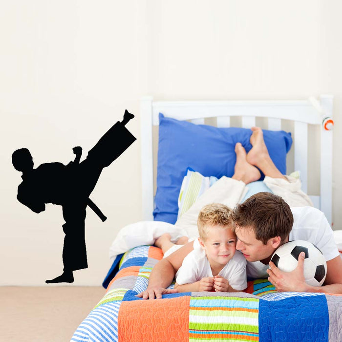 36 inch Martial Arts Side Kick Silhouette Wall Decal Installed in Boys Room