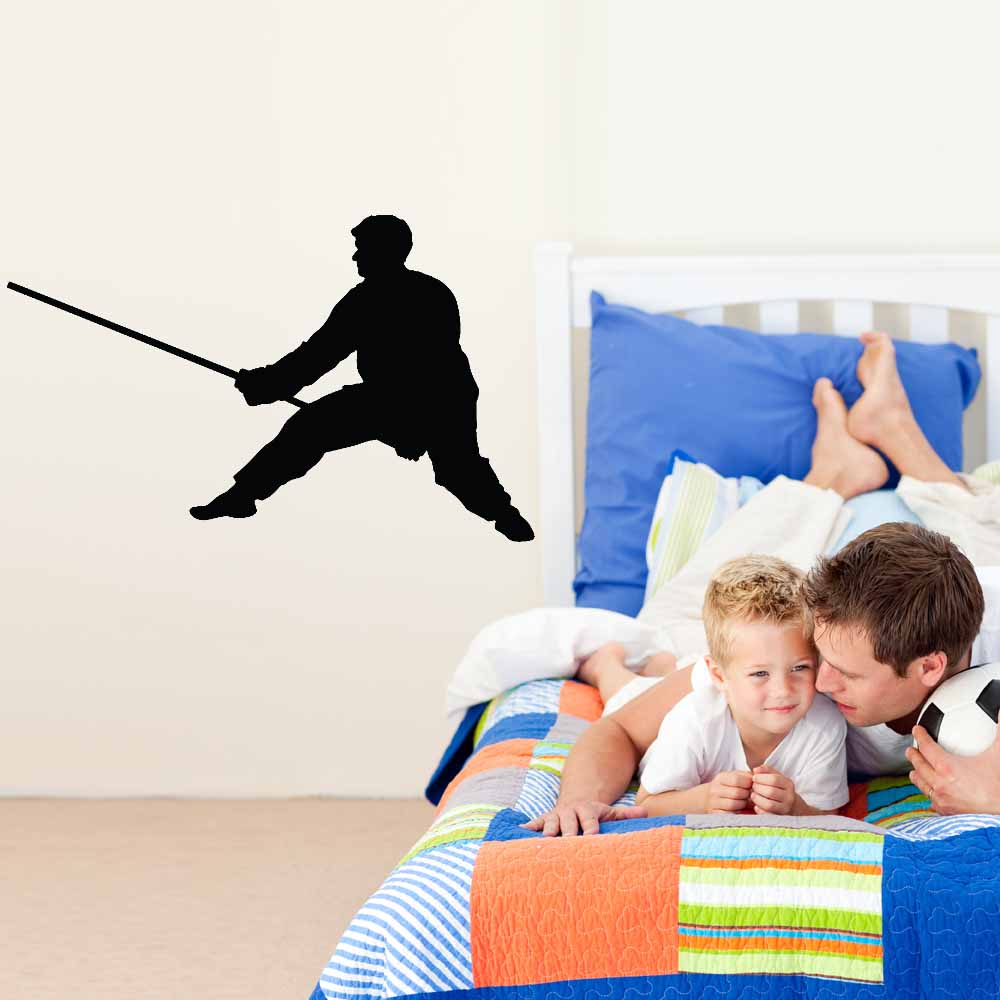 36 inch Martial Arts Staff Silhouette Wall Decal Installed in Boys Room