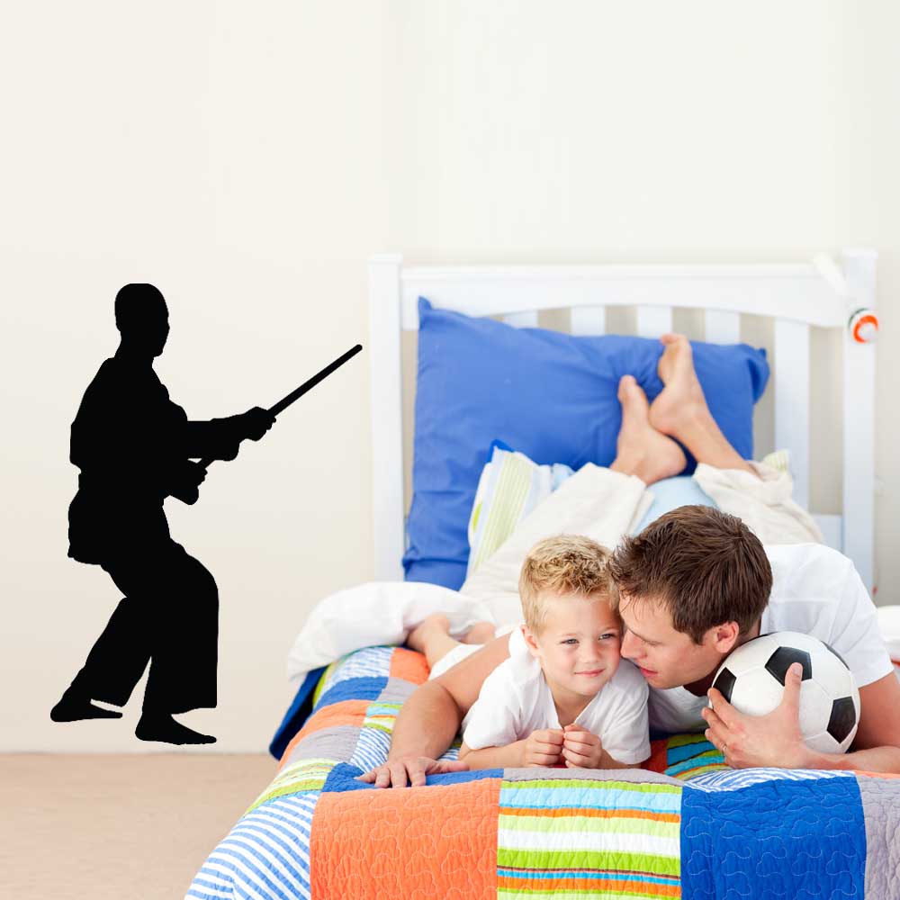 36 inch Martial Arts Staff II Silhouette Wall Decal Installed in Boys Room