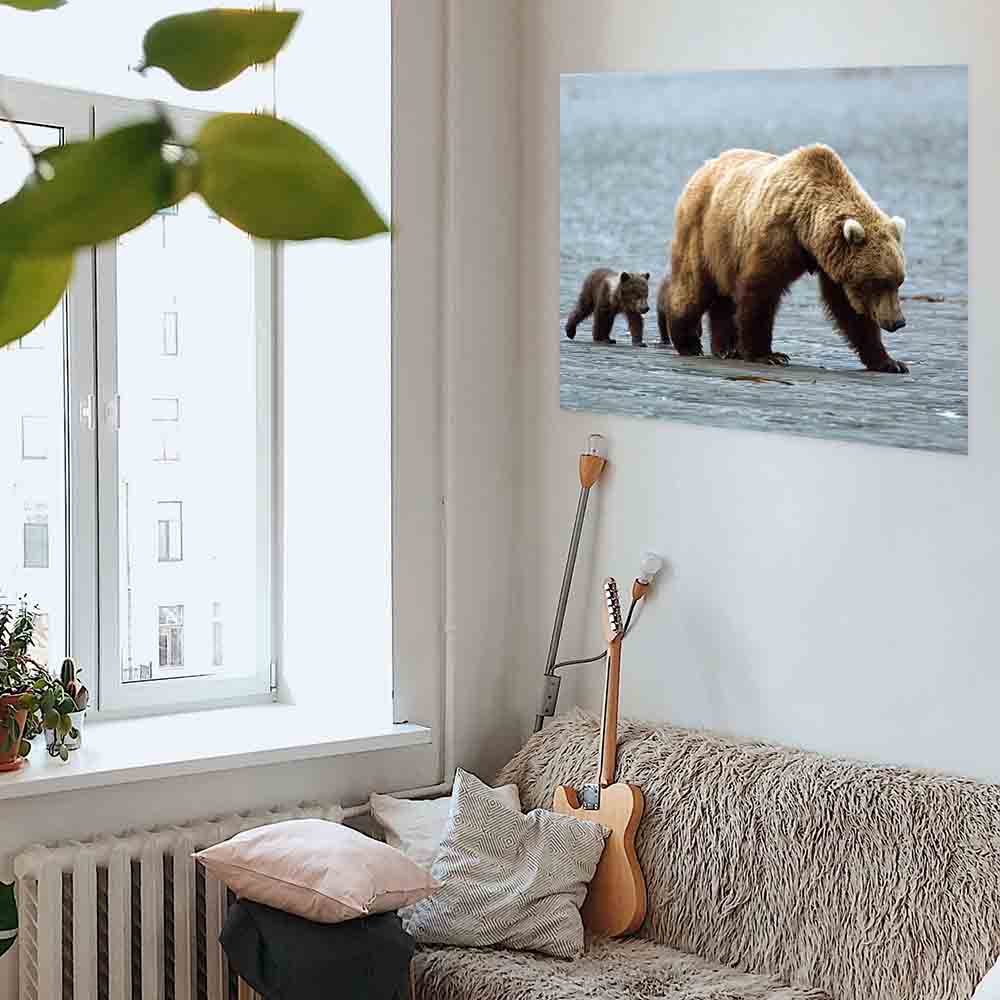 36 inch Mama & Baby Grizzly Poster Displayed Above Sofa