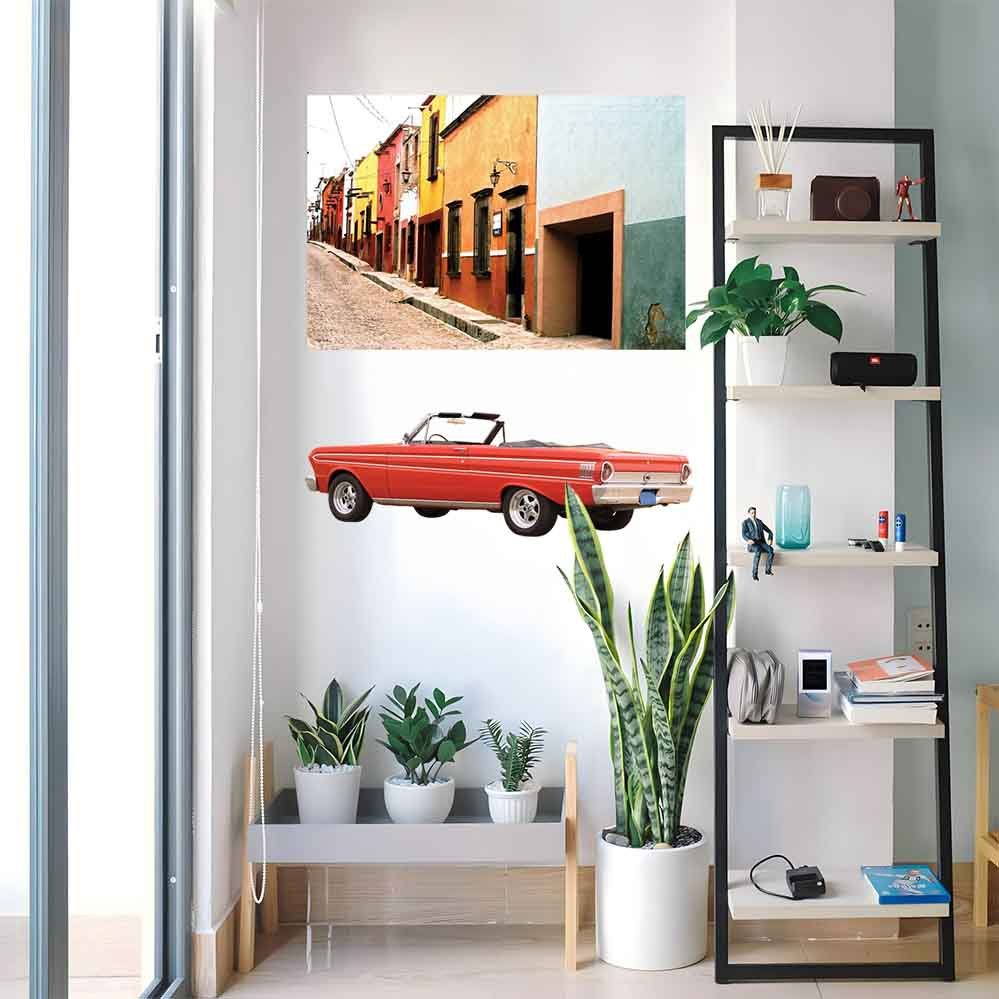 Modern interior with a bookshelf, plants, and a 36 inch red Ford Falcon decal installed on wall.