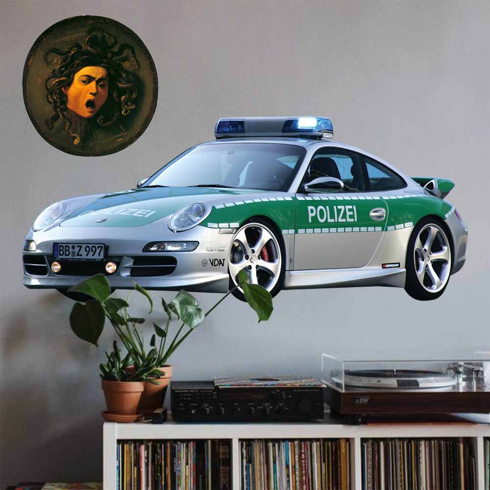 15x36 inch Porsche Police Car Decal Installed Above Record Shelf