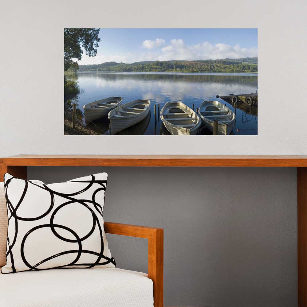 19x36 inch Serene Lake Poster Displayed Above Shelf