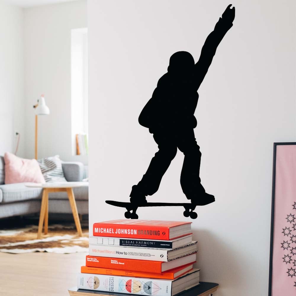 36 inch Skateboard Manual Silhouette  Wall Decal Installed in Hallway