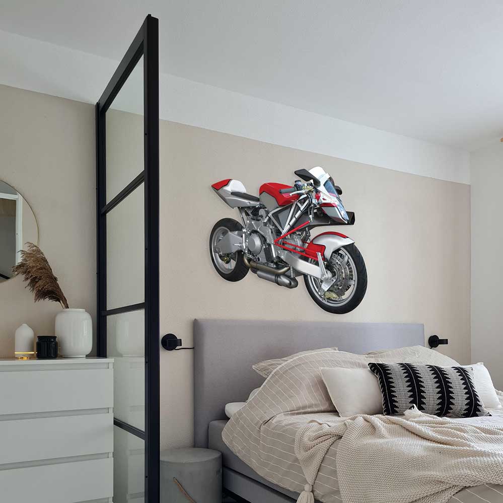 36 inch Streetfighter Motorcycle wall decal installed above a bed in a bedroom setting