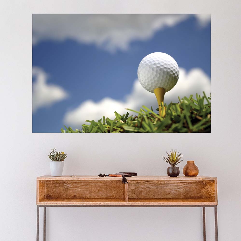 24x36 inch Tee'd Up Gold Ball Poster Displayed Above Console Table