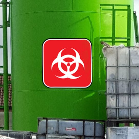 36 inch Red Biohazard Warning Sign Wall Decal Installed on Tank